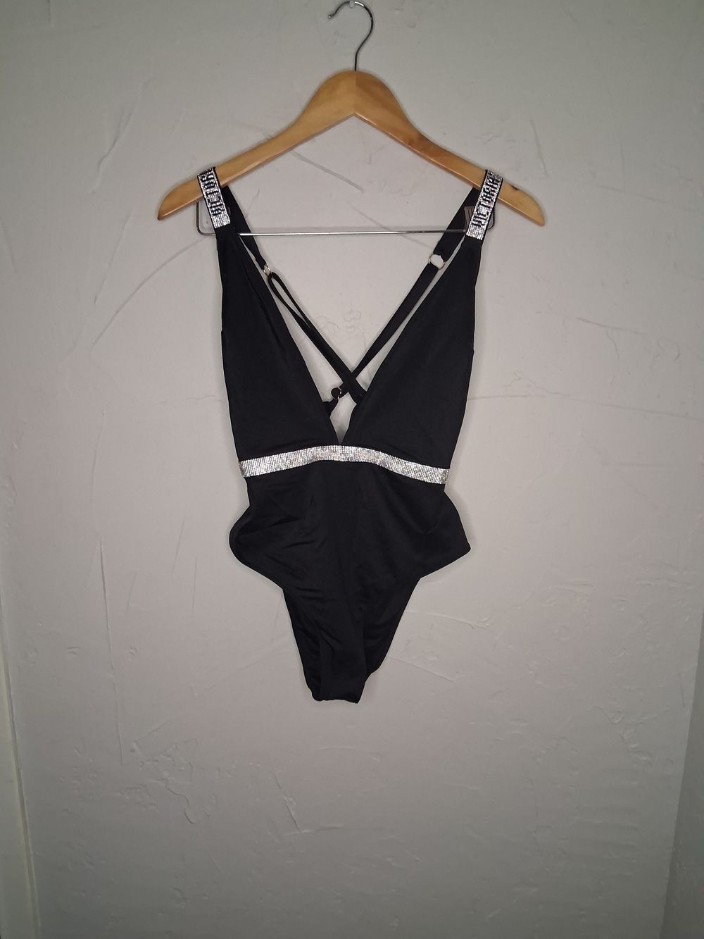 Victoria's Secret Black Rhinestone One Piece Swimsuit Size Medium | Plunge Neck - Picture 2 of 9